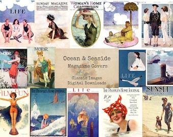 海と海辺の雑誌の表紙 - 印刷可能な画像、エフェメラ、即時ダウンロード、デジタルコラージュ、ビンテージ画像、雑誌の表紙