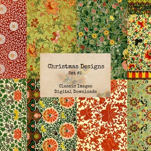 Pode incluir: Uma colagem digital de dez padrões florais vintage em vermelho, verde, amarelo e branco. Os padrões são organizados em uma grade com um cartão de título que diz "Christmas Designs Set #2 Classic Images Digital Downloads".
