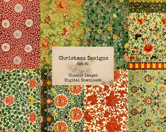 May include: A digital collage of ten vintage floral patterns in red, green, yellow, and white. The patterns are arranged in a grid with a title card that reads "Christmas Designs Set #2 Classic Images Digital Downloads".