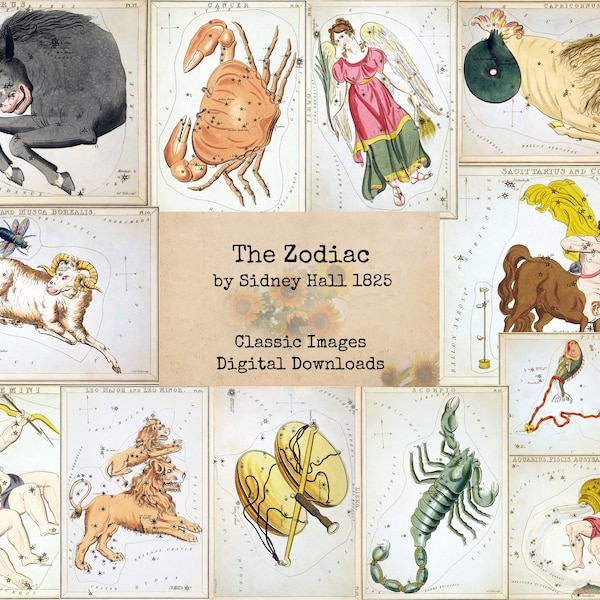 The Zodiac by Sidney Hall 1825 - Printable Images, Vintage Art, Instant Download, Digital Collage, Ephemera, Antique Art