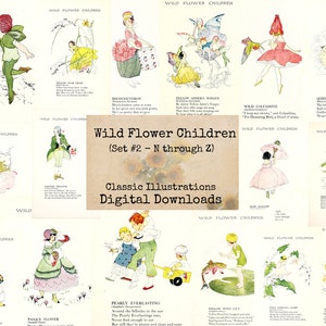 Wild Flower Children Set 2 (N through Z) - Digital Ephemera, Digital Images, Vintage Art, Instant Download, Digital Collage, Art Ephemera