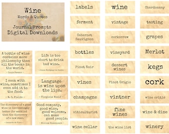 Wine Words & Quotes - Journal Prompts, Printable Words, Instant Download, Digital Collage, Art Ephemera, Printable Quotes,