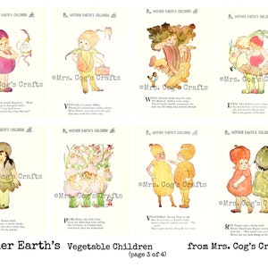 May include: A vintage print featuring eight illustrations of anthropomorphic vegetables, each with a child-like figure. The artwork includes text and is titled "Mother Earth's Vegetable Children" from Mrs. Cog's Crafts. The print is on a white background.