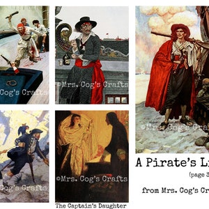 May include: A collage of six images depicting scenes from a pirate's life. The images include a pirate holding a sword, a pirate ship, a pirate with a gun, a pirate with a treasure chest, a pirate with a map, and a pirate with a woman.