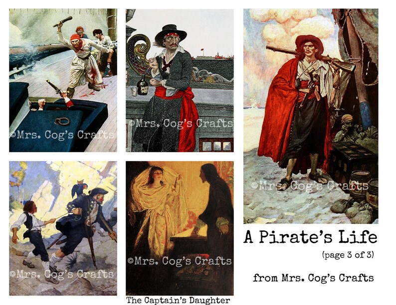 May include: A collage of six images depicting scenes from a pirate's life. The images include a pirate holding a sword, a pirate ship, a pirate with a gun, a pirate with a treasure chest, a pirate with a map, and a pirate with a woman.
