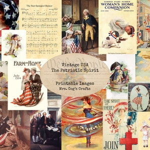 Vintage USA Patriotic Spirit Druckbare Bilder, alte Buchseiten, Ephemera, Vintage Kunst, Instant Download, Digitale Collage, Juli 4, Flaggen Bild 1