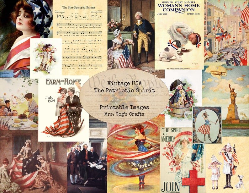 Vintage USA Patriotic Spirit Druckbare Bilder, alte Buchseiten, Ephemera, Vintage Kunst, Instant Download, Digitale Collage, Juli 4, Flaggen Bild 1