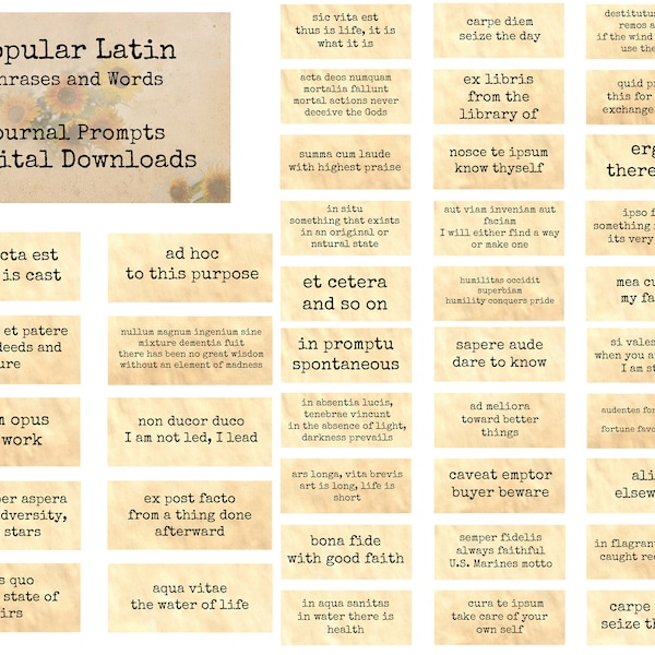 Popular Latin Phrases & Words - Journal Prompts, Printable Words, Instant Download, Digital Collage, Art Ephemera, Printable Quotes