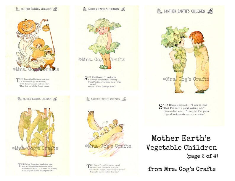 May include: A vintage illustration titled "Mother Earth's Vegetable Children" featuring whimsical drawings of children dressed as vegetables. The artwork includes a pumpkin child, a cauliflower child, and a child dressed as Brussels sprouts. The text reads "page 2 of 4".