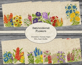 Embroidered Flower Pages - Printable Journal Pages, Digital Journal, Vintage Images, Printable Paper, Art Journal, Stitched Paper