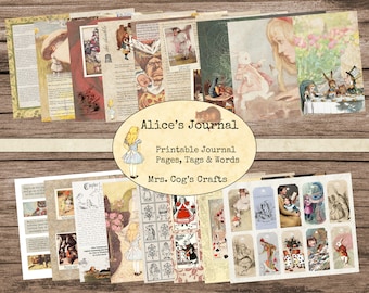Alice's Journal - Junk Journal Kit - Printable Journal, Vintage Images, Printable Paper, Art Journal, Printable Tags, Snippets, Wonderland