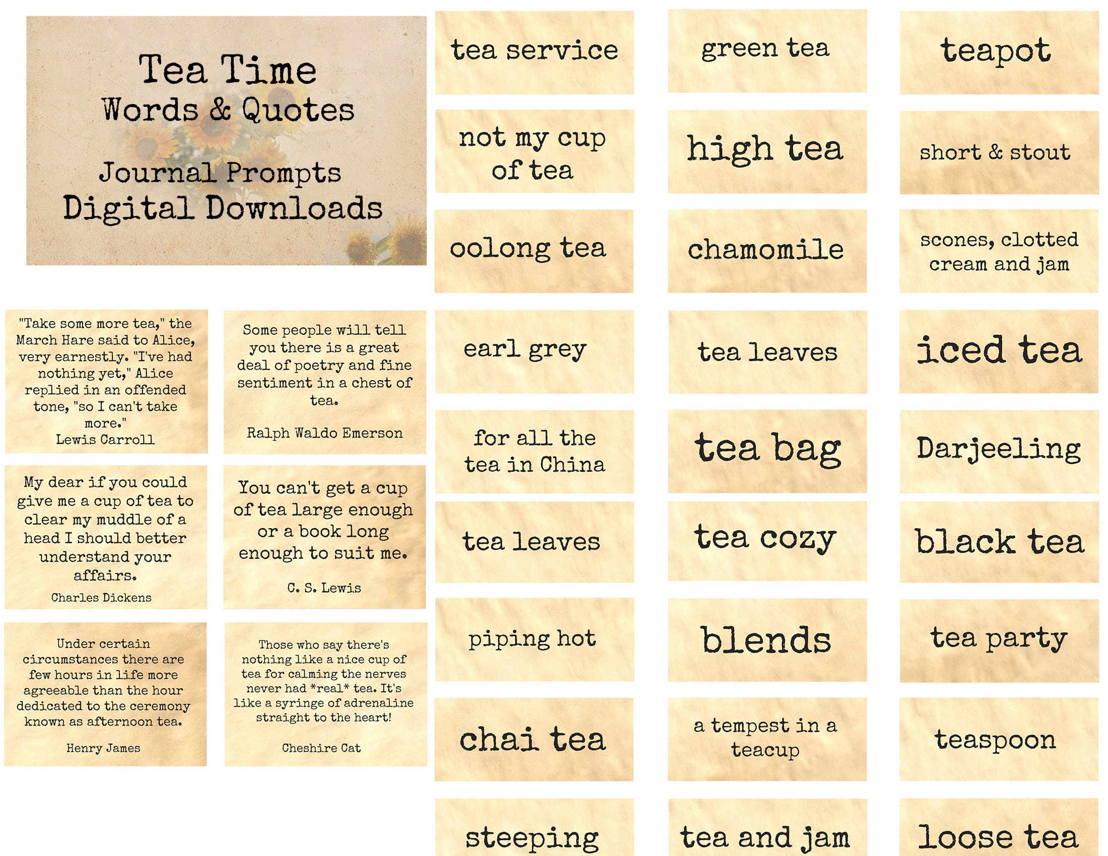 Tea Time Words Quotes Journal Prompts Printable Words Etsy Tea Time Words Quotes Journal Prompts Printable Words Etsy