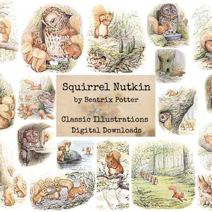 May include: A collection of digital illustrations featuring squirrels and owls from the classic children's book "Squirrel Nutkin" by Beatrix Potter. The illustrations are in a vintage style and feature a variety of scenes, including squirrels playing in trees, owls perched on branches, and squirrels gathering nuts.