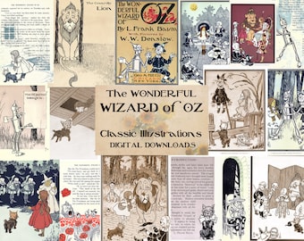 May include: A collage of illustrations from the classic children's book "The Wonderful Wizard of Oz" by L. Frank Baum. The illustrations feature Dorothy, the Scarecrow, the Tin Man, the Cowardly Lion, and other characters from the book. The illustrations are in black and white and have a vintage style.