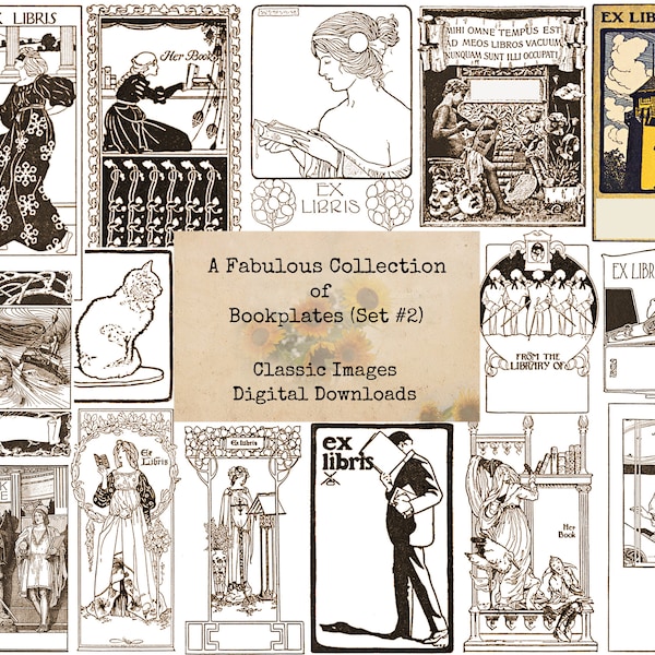 Fabulous Bookplates Set #2 - Ex Libris - Labels for Journals and Books - Printable Bookplates, Digital Images, Vintage Art, Instant Download