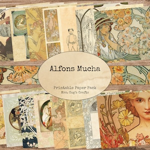 Puede incluir: Un paquete de papel imprimible con ilustraciones de Alfons Mucha. El paquete incluye imágenes de mujeres, flores y patrones decorativos en un estilo Art Nouveau vintage.