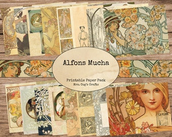 Alphons Mucha - pacote de papel, páginas de diário para impressão, diário digital, imagens vintage, papel para impressão, diário Art Nouveau