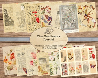 Op de afbeelding: Een digitale printbare journal-kit met een vintage esthetiek. De kit bevat pagina's met bloemillustraties, vlinders en tekst over naaldwerk. Er zijn ook tags met bloemmotieven, vogels en een maan.