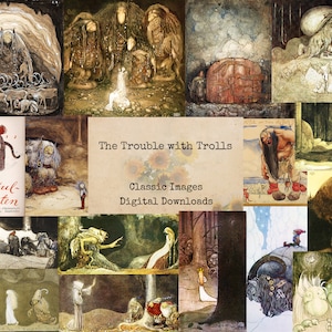 Pode incluir: Uma colagem de ilustrações vintage com trolls e criaturas fantásticas. A obra de arte apresenta uma variedade de cenas, incluindo trolls em cavernas, florestas e interagindo com humanos. O texto "The Trouble with Trolls" e "Classic Images Digital Downloads" também é visível.