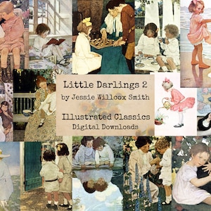 Puede incluir: Un collage de ilustraciones vintage con niños en varias escenas. El título "Little Darlings 2 by Jessie Willcox Smith Illustrated Classics Digital Downloads" se muestra en el centro del collage.