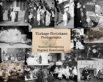 Puede incluir: Un collage de fotografías antiguas en blanco y negro con escenas navideñas. Las imágenes incluyen niños, familias y decoraciones navideñas. El texto "Vintage Christmas Photographs" se muestra en el centro del collage.