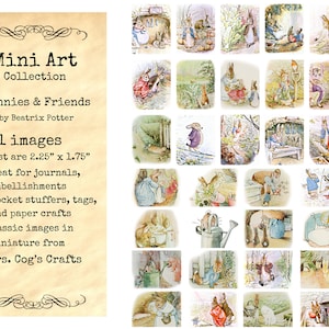 May include: A collection of 31 miniature images featuring Peter Rabbit and other characters from Beatrix Potter's stories. The images are printed on white paper and are approximately 2.25 inches by 1.75 inches. The images are perfect for scrapbooking, card making, and other craft projects.