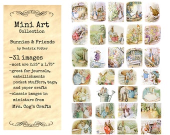 Mini-Kunst - Hasen & Freunde von Beatrix Potter, druckbare Bilder, digitaler Download, Miniatur-Bilder, Collage, Vintage-Bilder, Verschönerung
