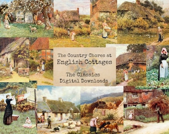 The Country Chores at English Cottages - Digital Ephemera Classics, Digital Images, Vintage Art, Instant Download, Digital Collage