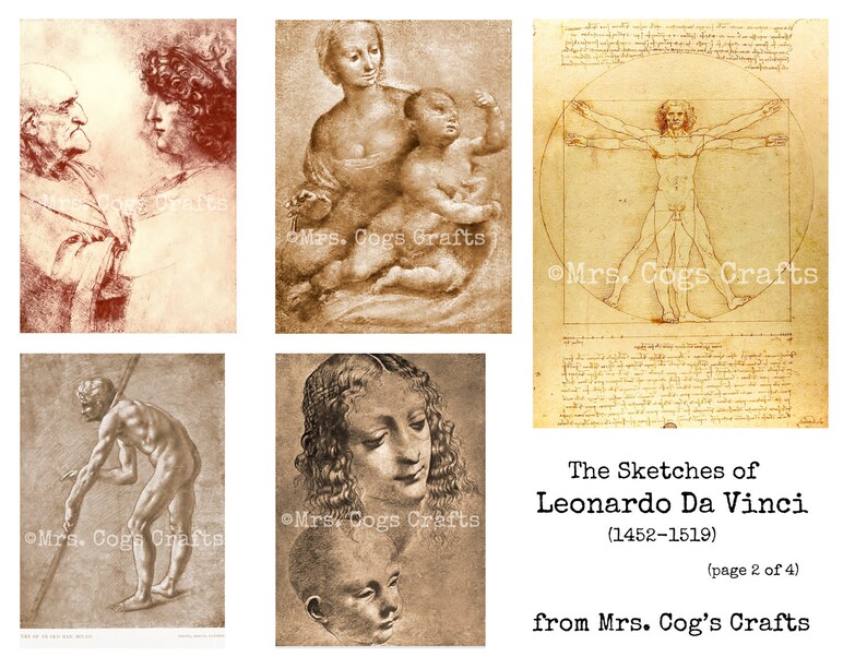 The Sketches of Leonardo Da Vinci 1452 1519 Printable Images, Ephemera, Digital Images, Vintage Art, Instant Download, Digital Paper image 3