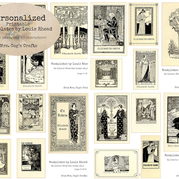 Exlibris personalizados de Louis Rhead - Ex Libris, Tu nombre, Placas de diario, Etiquetas para tus libros, Imágenes digitales, Arte vintage