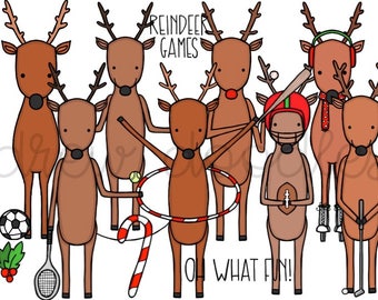 May include: A group of seven cartoon reindeer playing different sports. The reindeer are brown with white antlers and are wearing various accessories. The text "Reindeer Games" is written above the reindeer and the text "Oh What Fun!" is written below them.