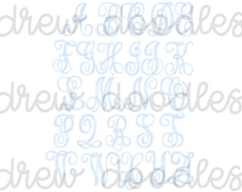 Blue Outline FishtailMonogram Alphabet Digital Clip Art Set Instant Download