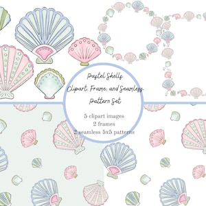 Könnte beinhalten: Ein digitales Kunstset mit pastellfarbenen Muscheldesign. Das Set enthält fünf Clipart-Bilder, zwei Rahmen und zwei nahtlose Muster von 12,7 x 12,7 cm. Die Muscheln sind in Rosa, Blau und Grün gehalten.