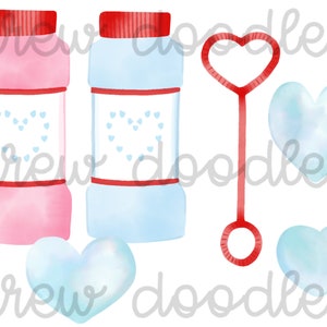 May include: Two bottles of bubble solution, one pink and one blue, with red lids and hearts on the labels. A red heart-shaped bubble wand and two blue heart-shaped bubbles.