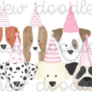 Watercolor Pink Party Dog Heads Digital Clip Art Set Instant Download image 1