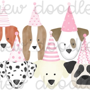 Watercolor Pink Party Dog Heads Digital Clip Art Set- Instant Download