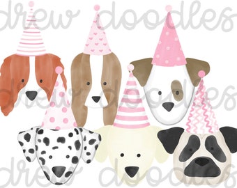 Watercolor Pink Party Dog Heads Digital Clip Art Set- Instant Download