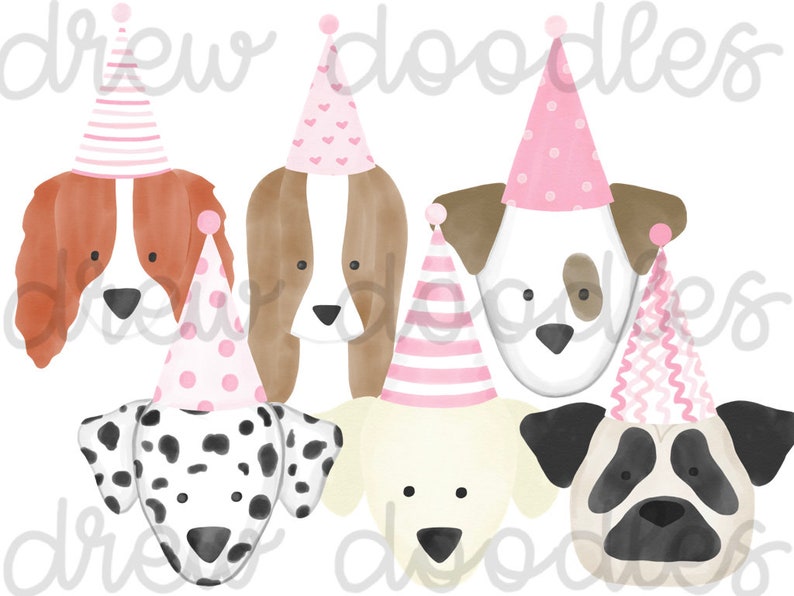 Watercolor Pink Party Dog Heads Digital Clip Art Set Instant Download image 1