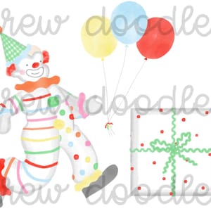 Conjunto de clipart digital de palhaço de aniversário em aquarela brilhante - download instantâneo