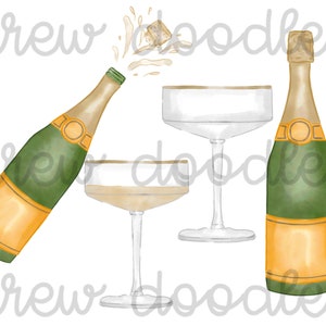 Watercolor Champagne and Coups- Digital Clip Art Set- Instant Download