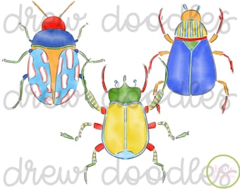 Watercolor Beetles Digital Clip Art Set- Instant Download