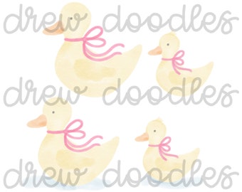 Watercolor Pink Bow Ducks- Digital Clip Art Set- Instant Download