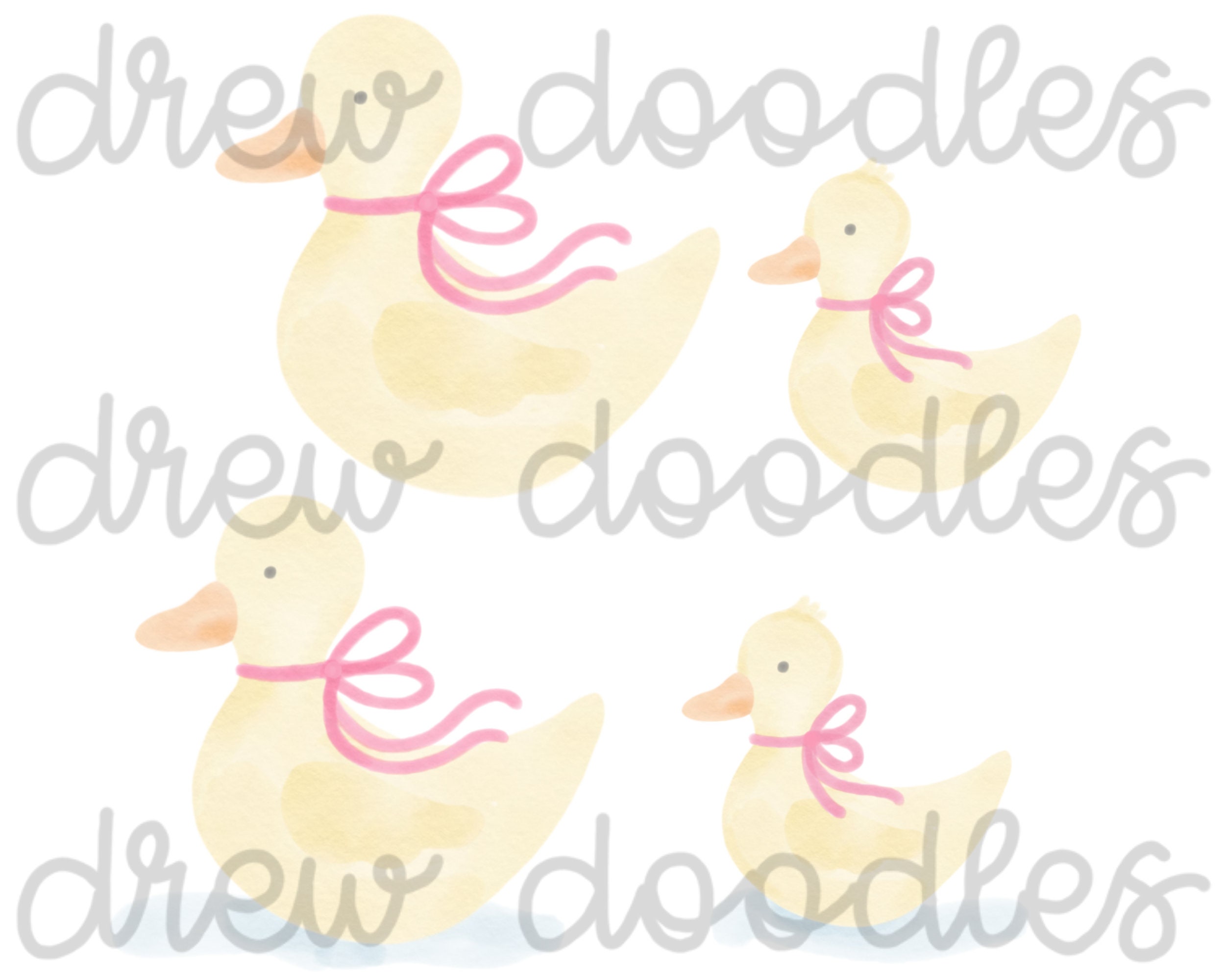 Watercolor Pink Bow Ducks- Digital Clip Art Set- Instant Download