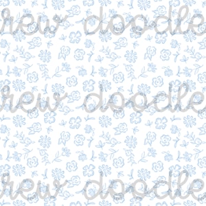 May include: A seamless pattern featuring a white background with a repeating design of light blue flowers and leaves.
