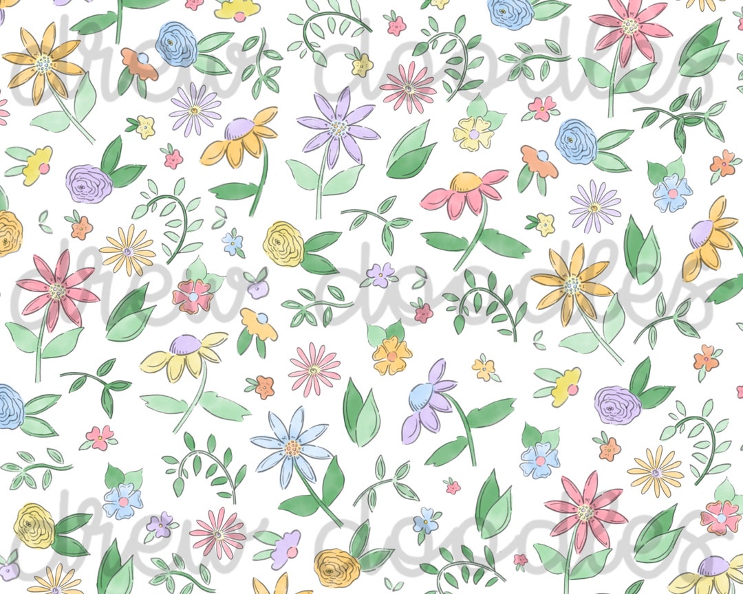 Watercolor Floral With Outline Print Pattern Digital Papers Backgrounds 4x6 and 5x7- Instant ...