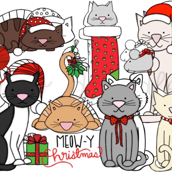 Meow-y Christmas Digital Clip Art Set - Couleur et ligne noire COMBO