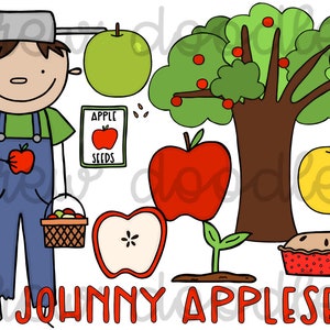 May include: A cartoon illustration of Johnny Appleseed, a man with a brown hat and blue overalls, holding a red apple. He is standing next to a basket of apples and a sign that says "Apple Seeds". There is a green apple tree with red apples, a green apple, a yellow apple, a red apple with a stem, a red apple cut in half, and a pie with a red crust.