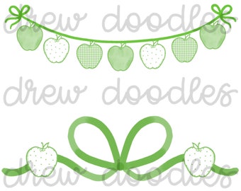 Watercolor Green Patterned Apple Banner and Bow Digital Clip Art Set- Instant Download