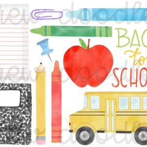 Watercolor Back to School Doodles Digital Clip Art Set- Instant Download