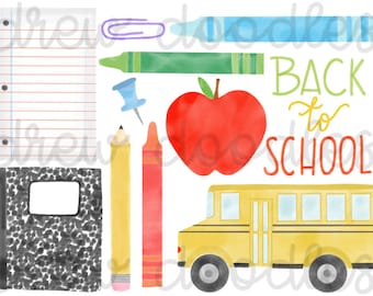 Watercolor Back to School Doodles Digital Clip Art Set- Instant Download